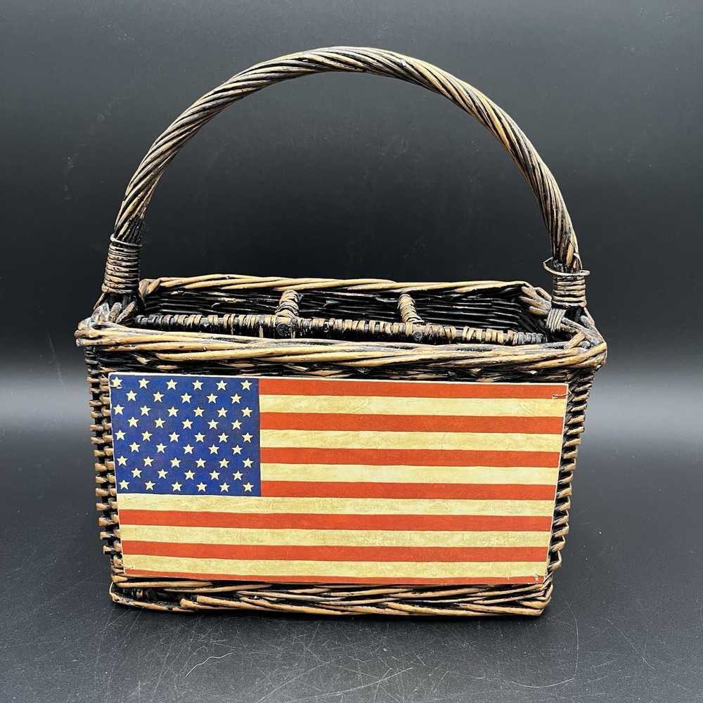 Vtg USA Flag Wicker Wooden Picnic Divided Silverware Caddy 4th Of July Basket